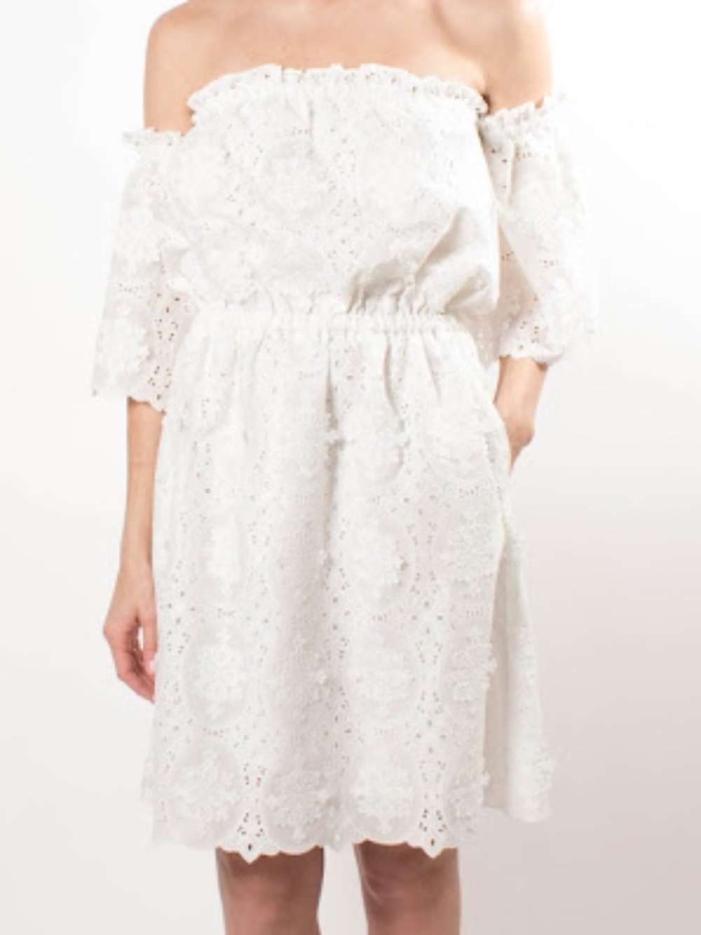 Perseverance London Off Shoulder Eyelet Lace Overlay Romantic Cream Mini Dress
